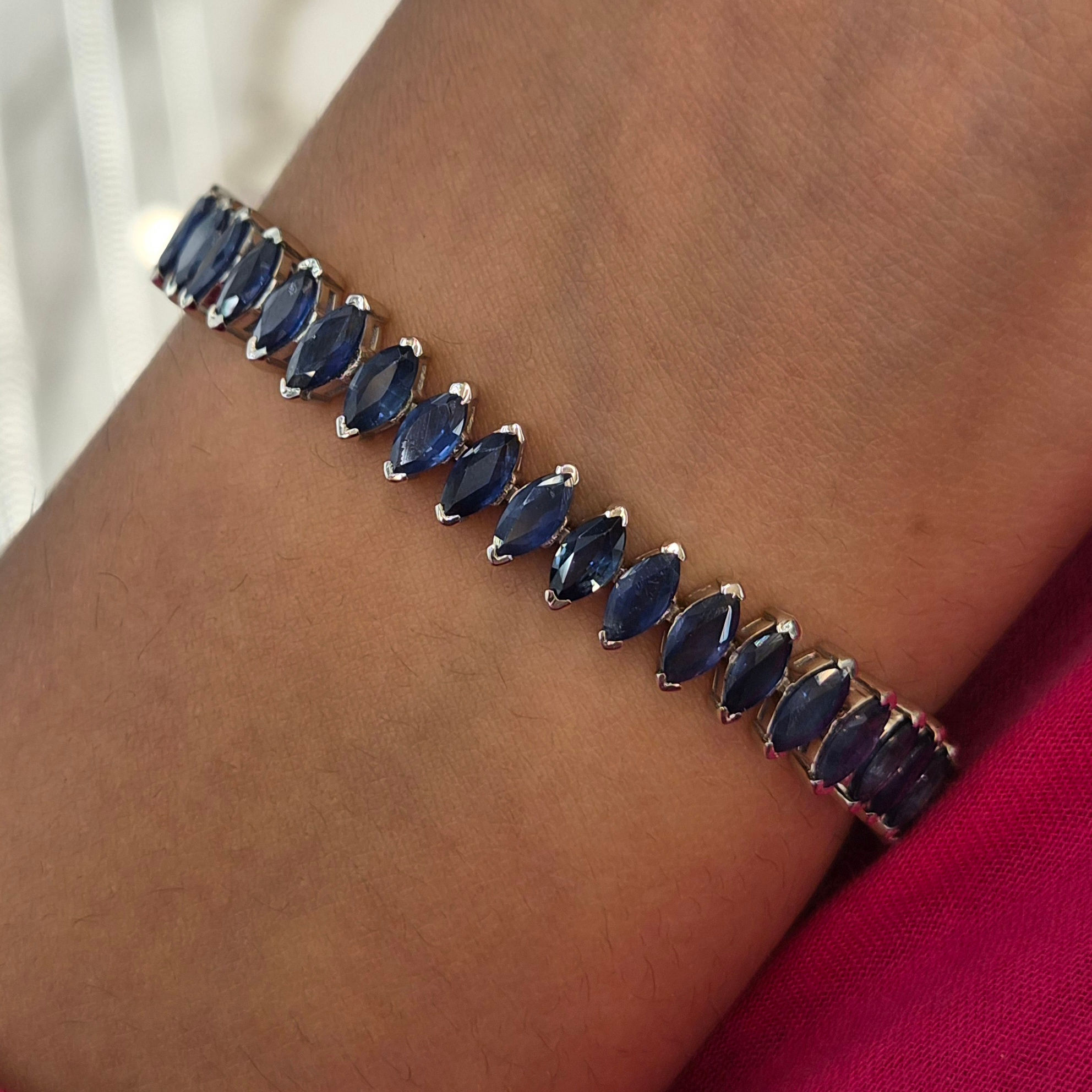 Natural Blue Sapphire 925 Sterling Silver Marquise Cut Tennis Bracelet