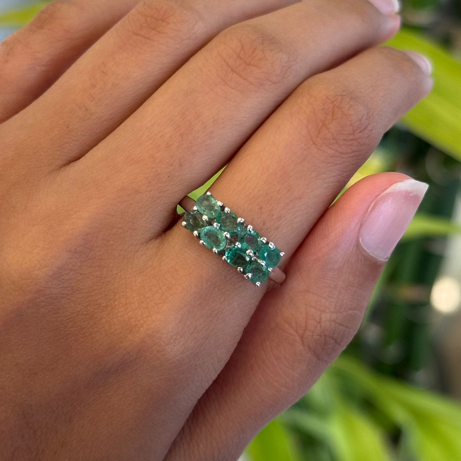 Natural Emerald Oval 925 Sterling Silver Two Line Half Band Ring