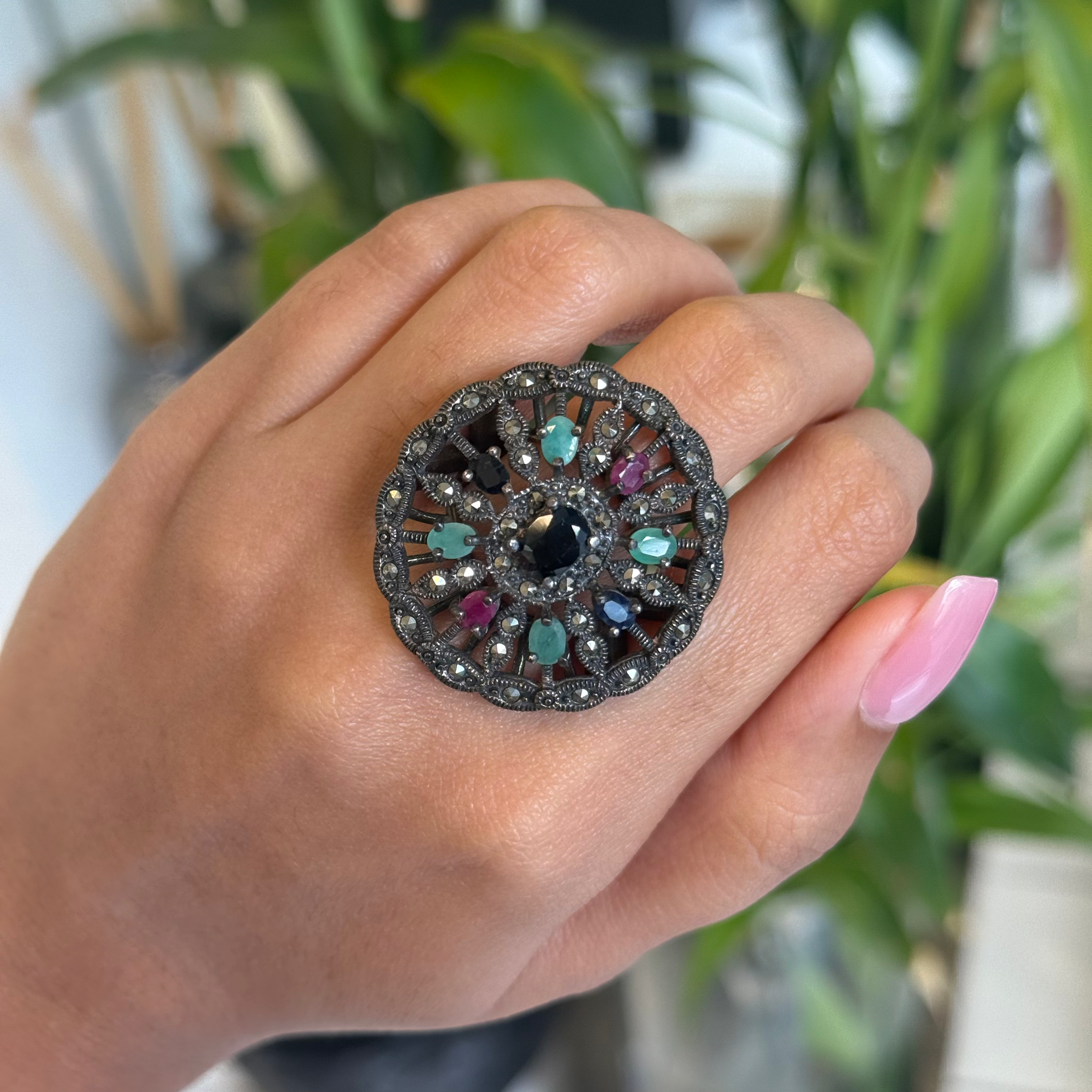 Emerald, ruby, sapphire marcasite ring