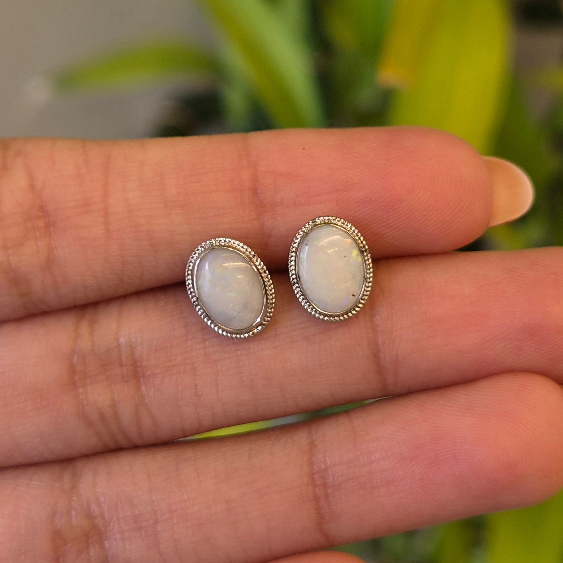 Natural Opal Oval Rope Bezel Studs Earrings in 925 Sterling Silver