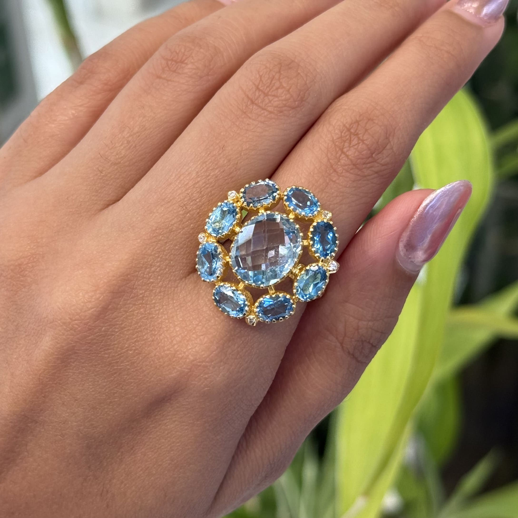 Natural Topaz Blue Oval 925 Sterling Silver Flower Micron Gold Polish Ring