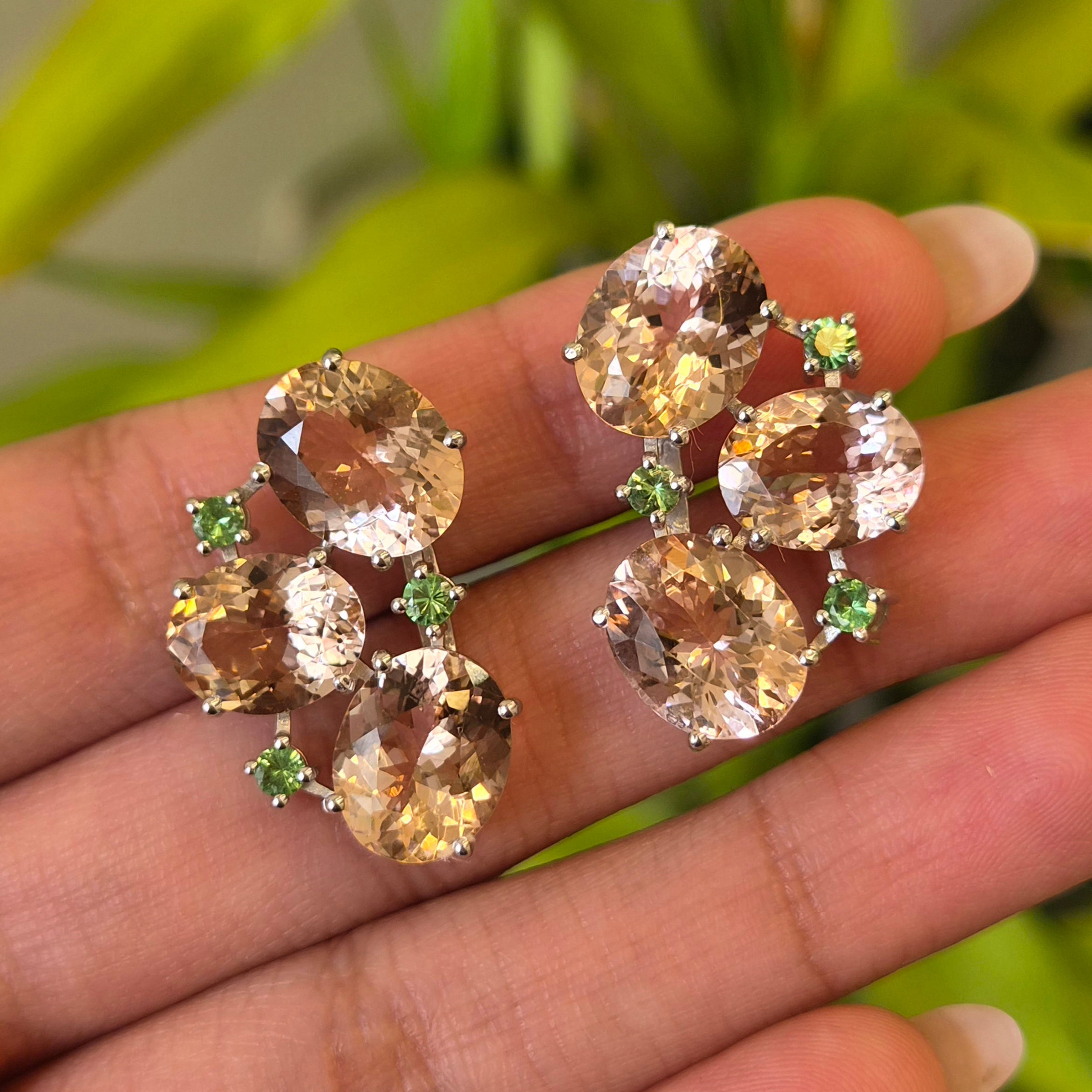 Natural Oval Morganite And Tsavorite Stud Earrings in 925 Sterling Silver