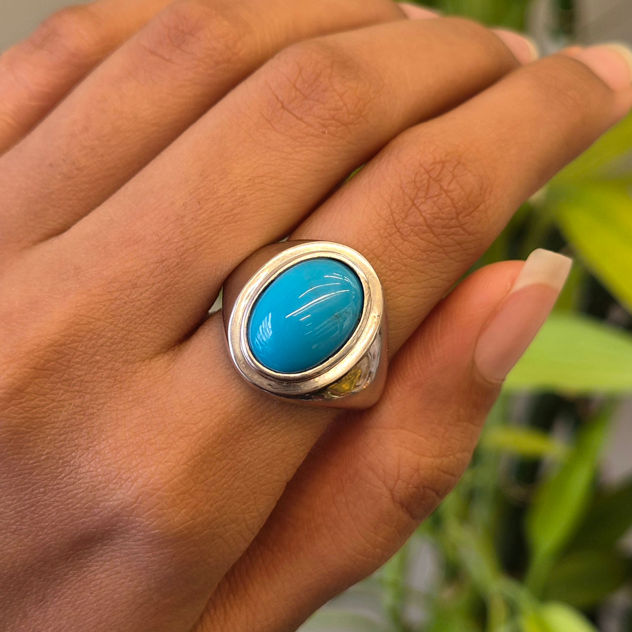 Natural Turquoise 925 Sterling Silver Oval Cur Bezel Men's Ring