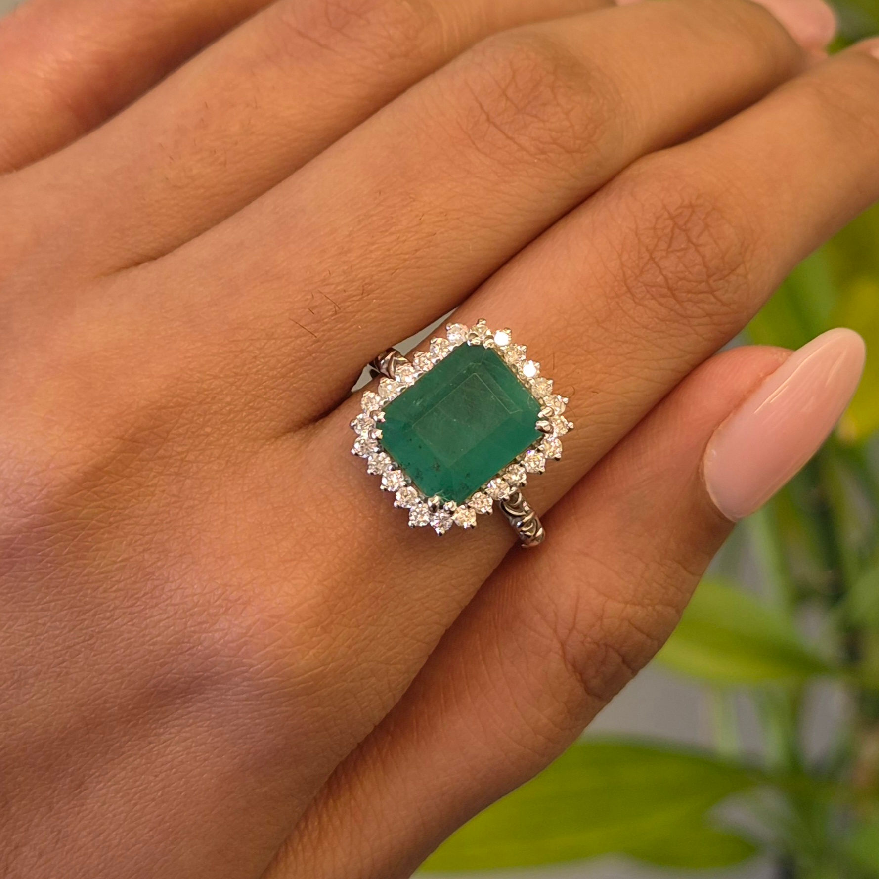 Natural Emerald And Diamond Halo Ring in 925 Sterling Silver