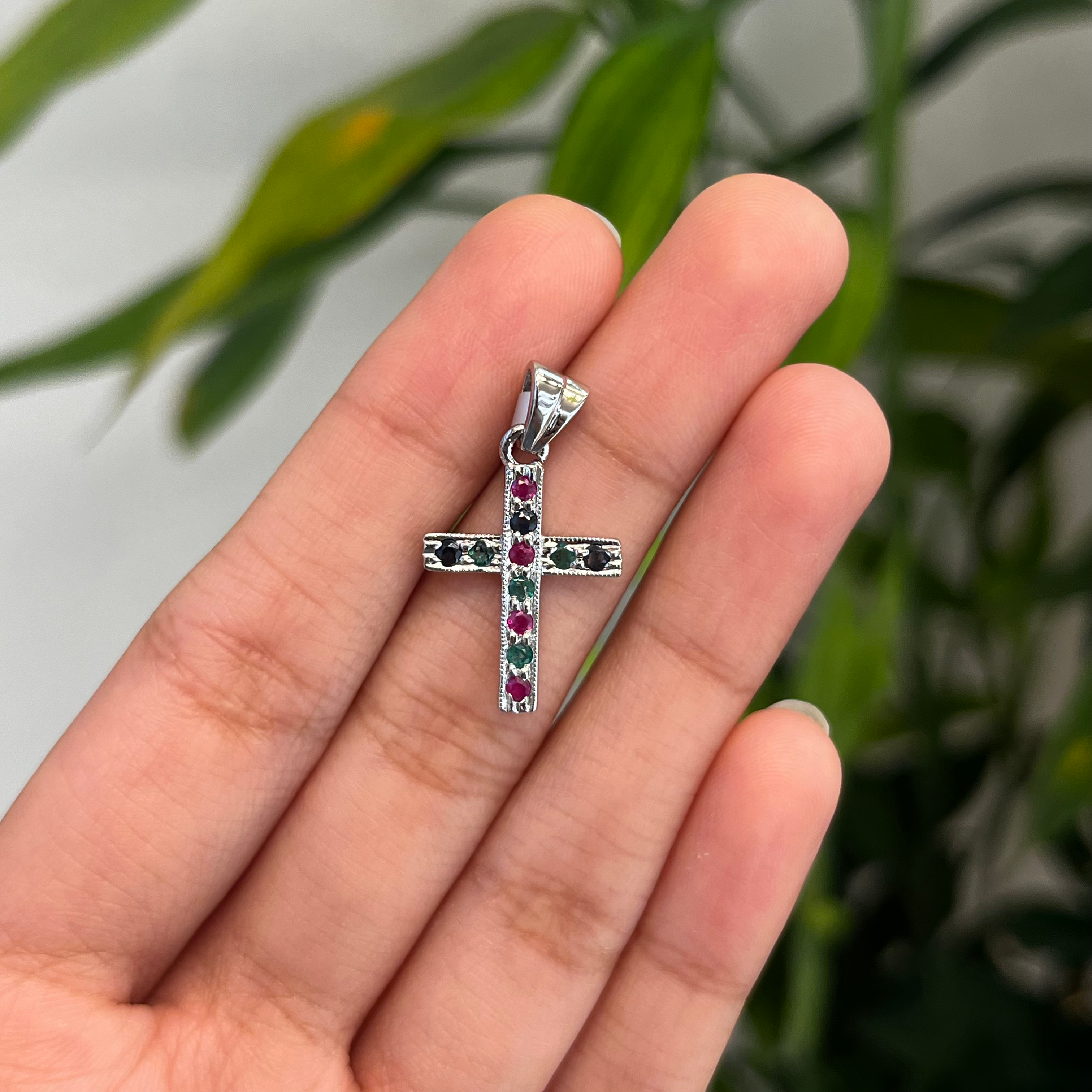 Natural Emerald Ruby and sapphire cross pendant