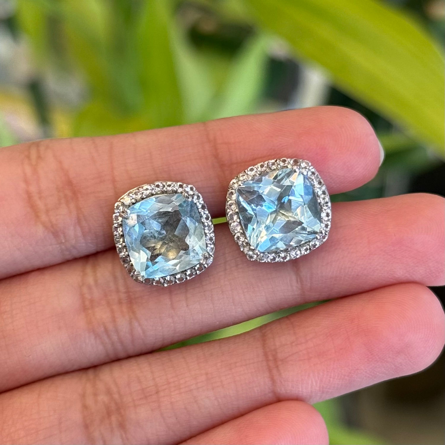Natural Topaz Blue 925 Sterling Silver Cushion Studs Earrings