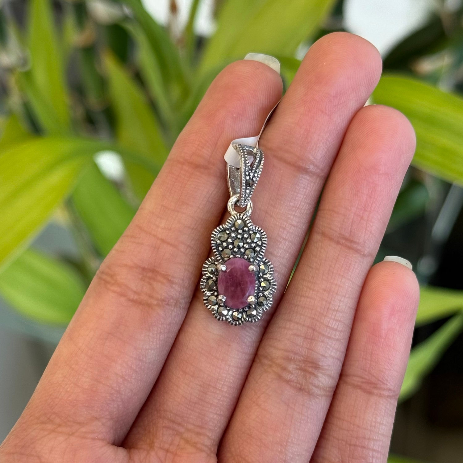 Ruby Oval 925 Sterling Silver Vintage Marcasite Pendant