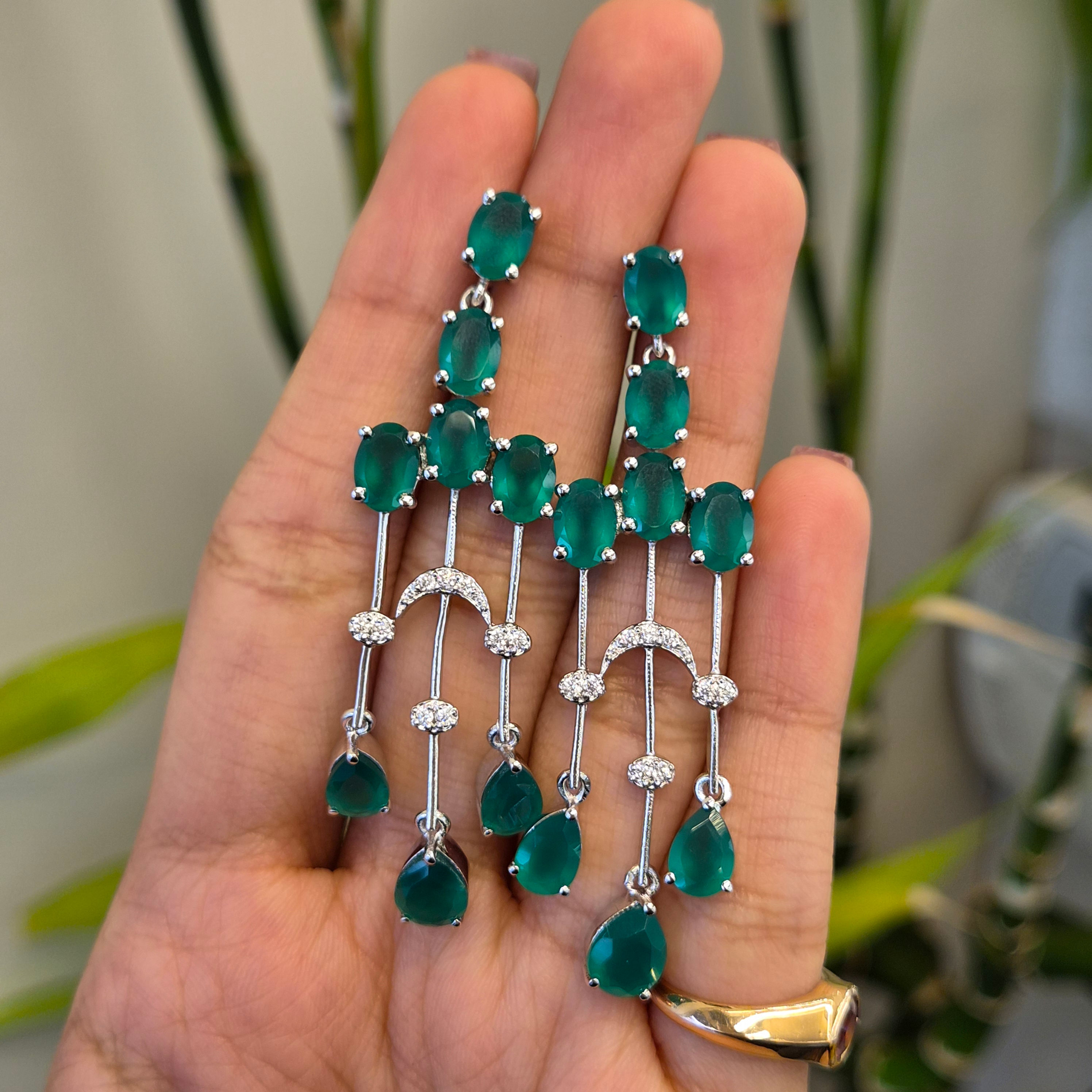Natural Green Onyx 925 Sterling Silver Chandelier Hanging Earrings