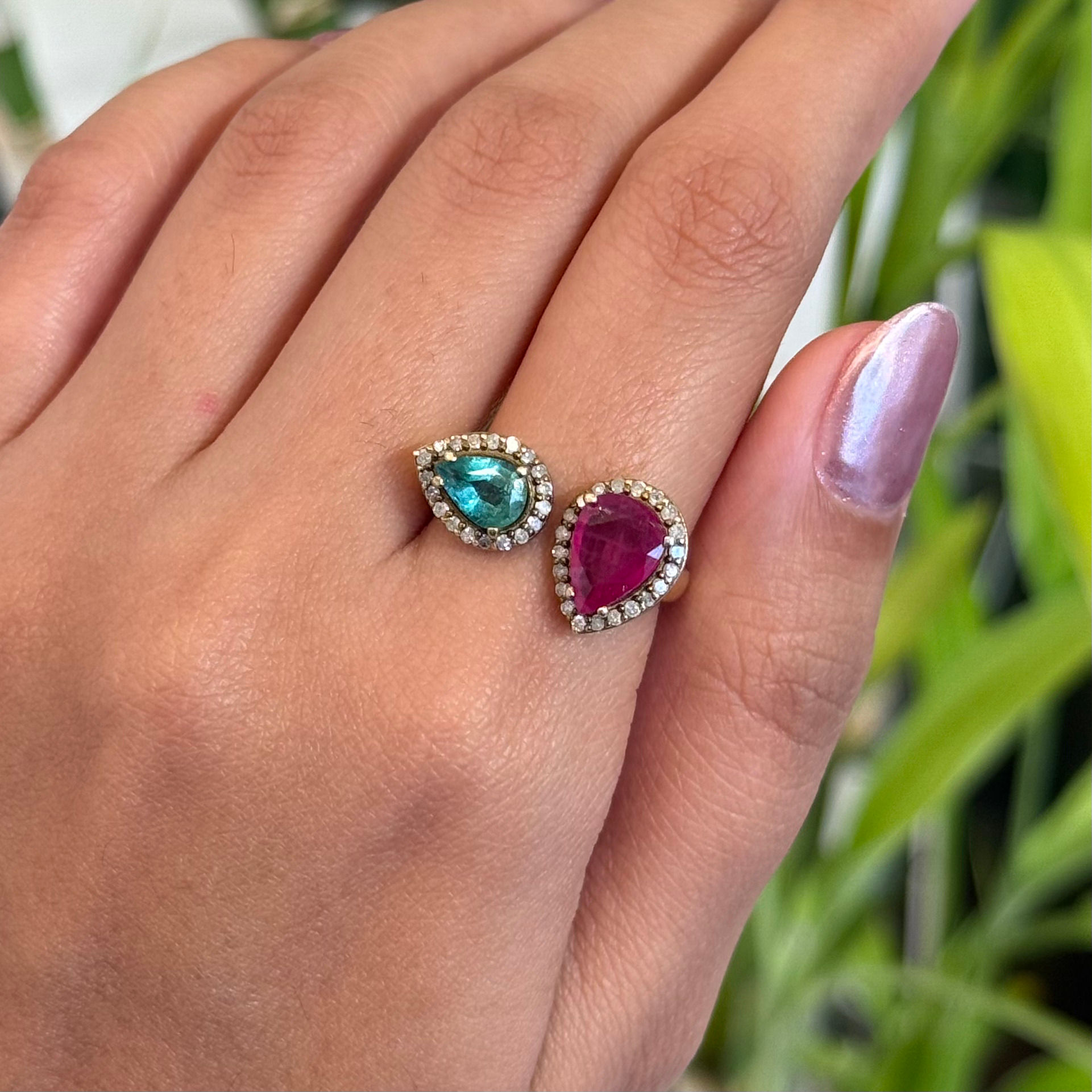 Natural Ruby and Emerald 925 Sterling Silver Micron Gold Polish Ring