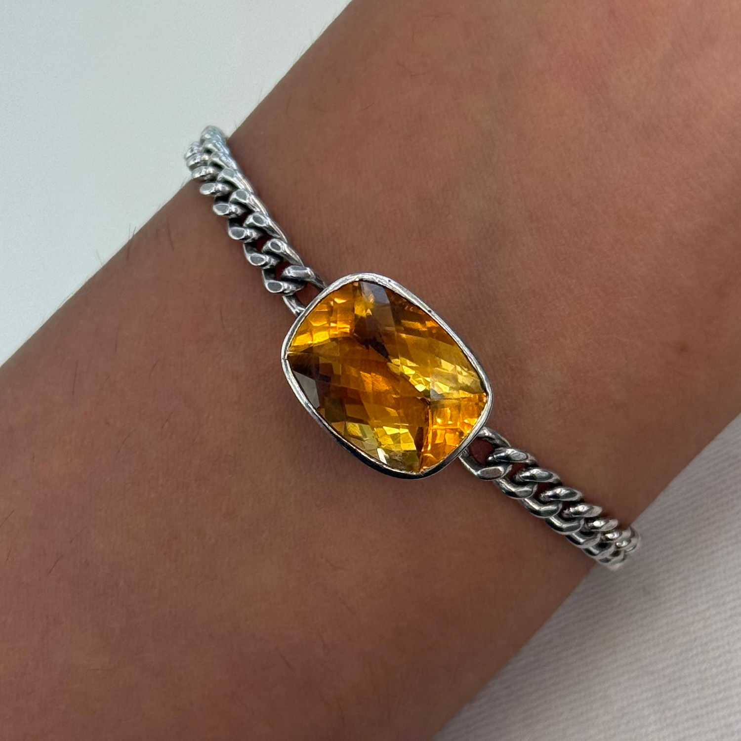 Natural Citrine Cushion 925 Sterling Silver Curb Chain Bracelet