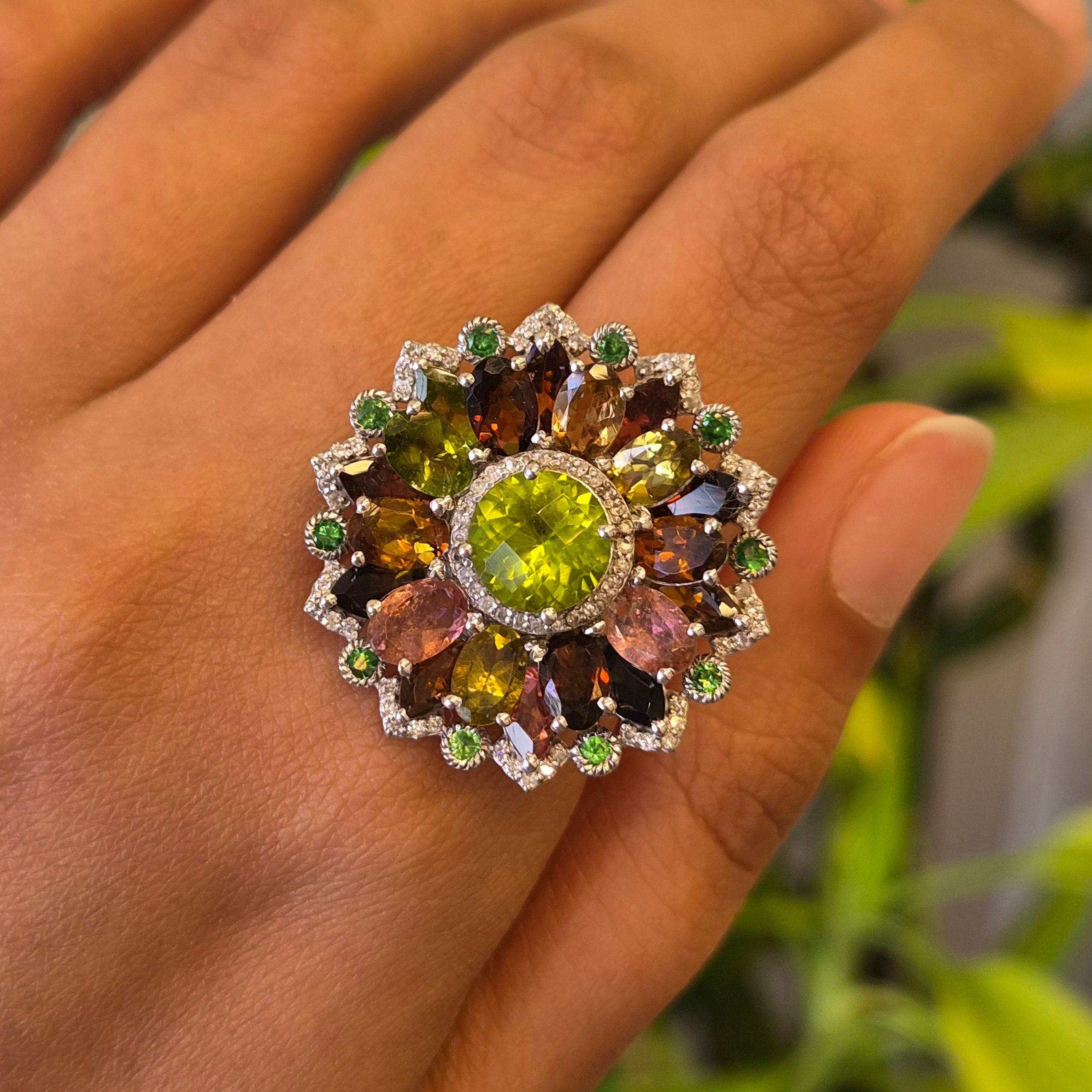 Natural Multi-Tourmaline & Peridot Floral Cocktail Ring in 925 Sterling Silver