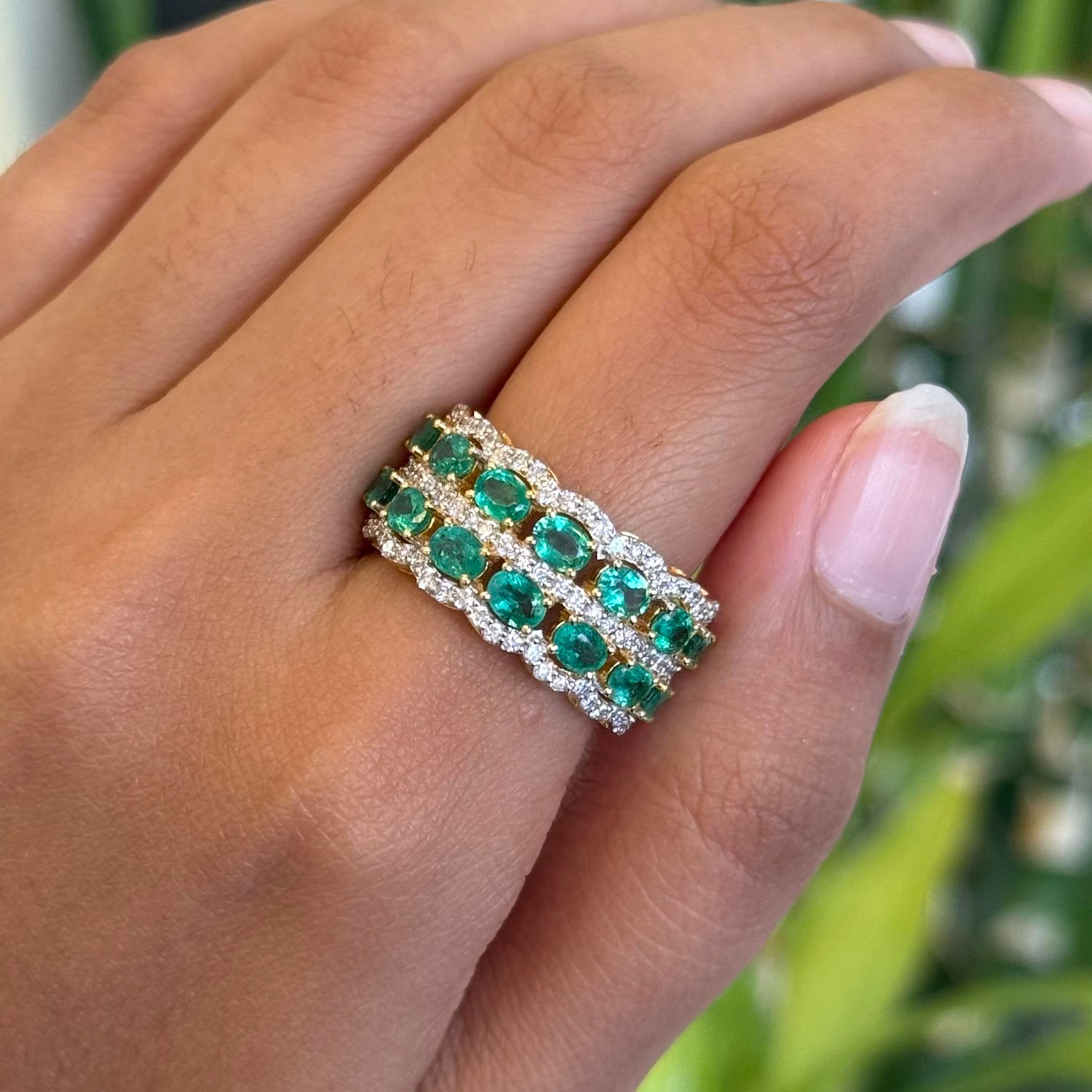 14K Yellow Gold Half Band Natural Emerald & Diamond Oval Cluster Ring