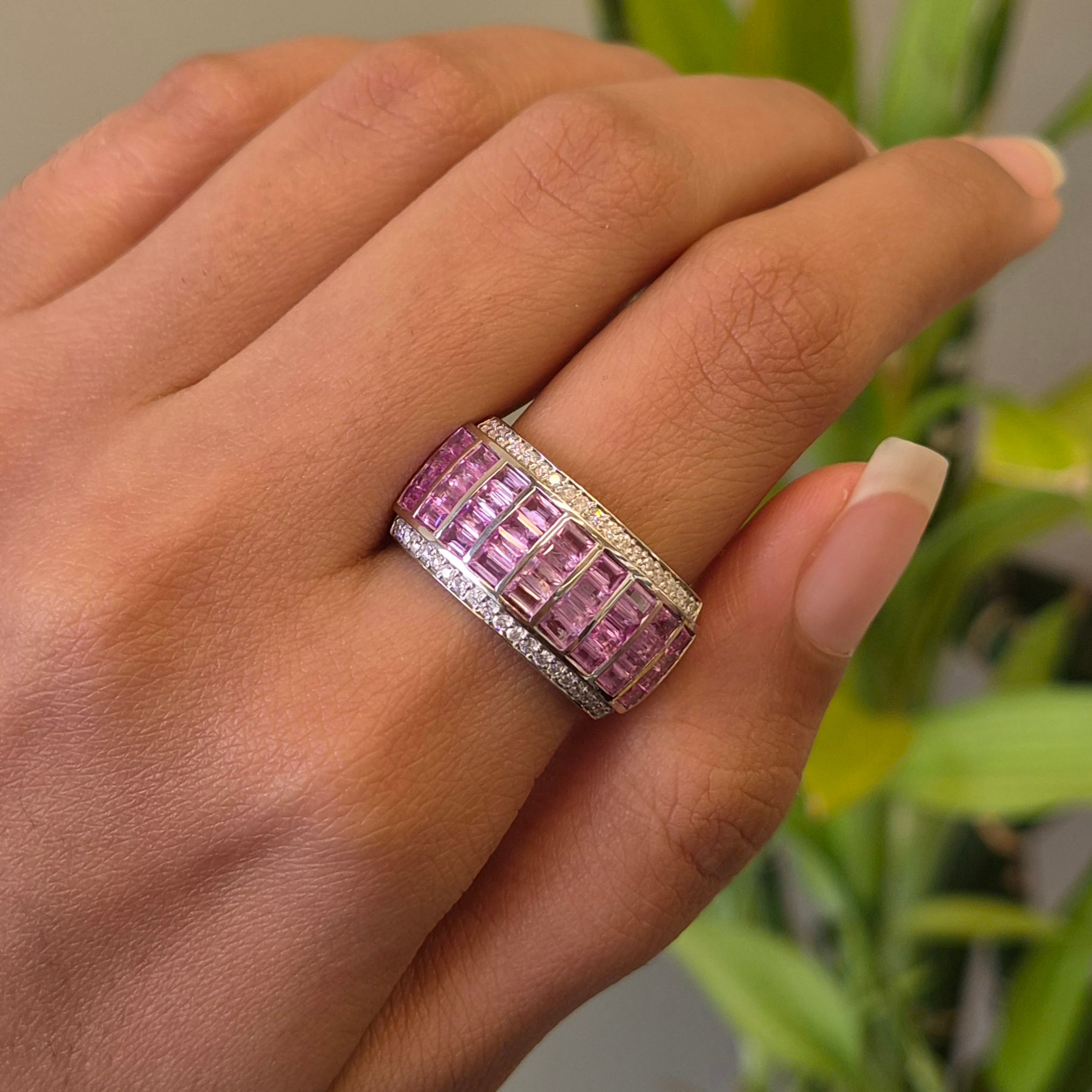 Natural Pink Sapphire & Diamond 925 Sterling Silver Baguette Cut Band Ring