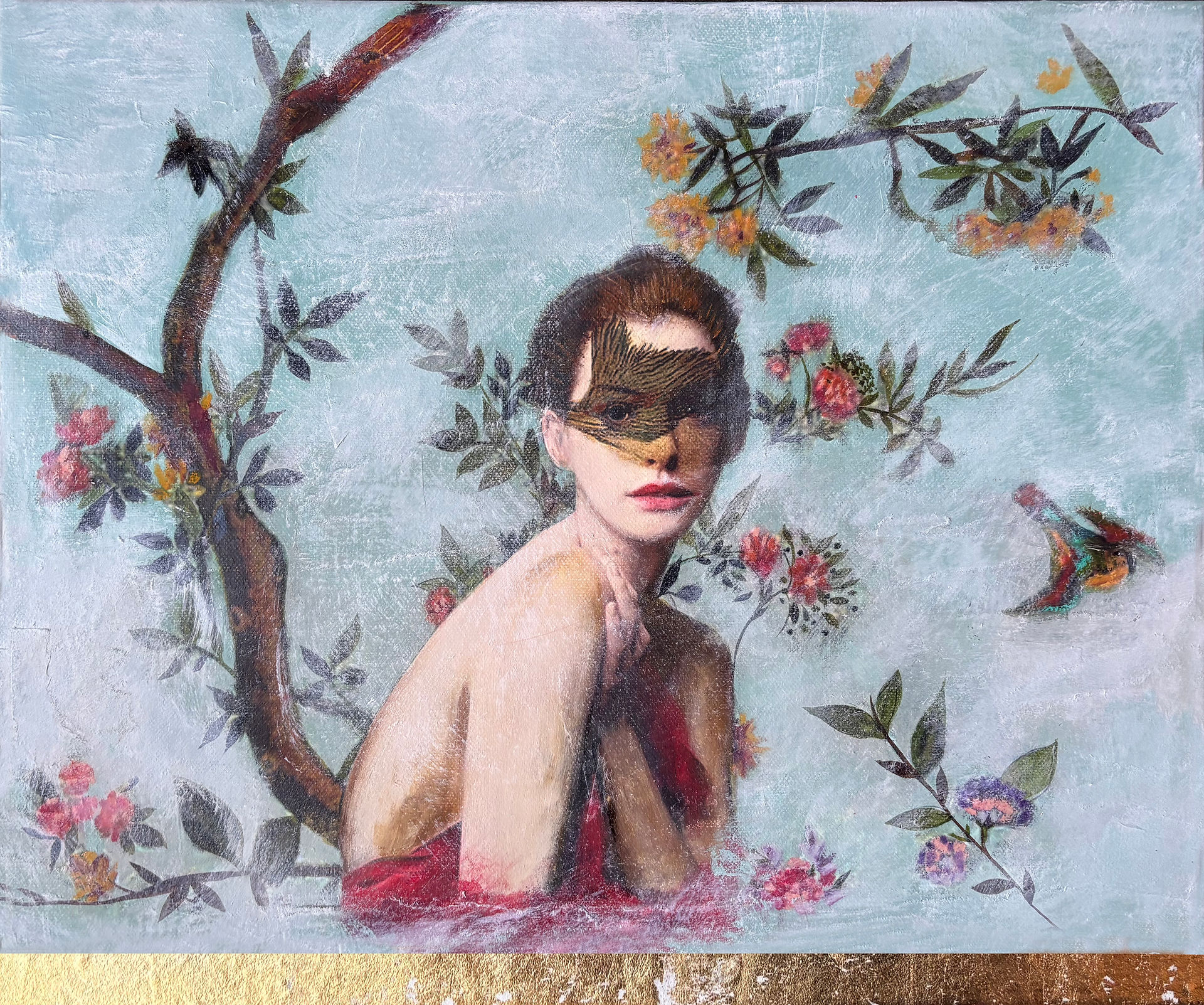 A portrait of a woman with a lovely chinoiserie turquoise background, surrounded by flowers, exuding a sense of ease