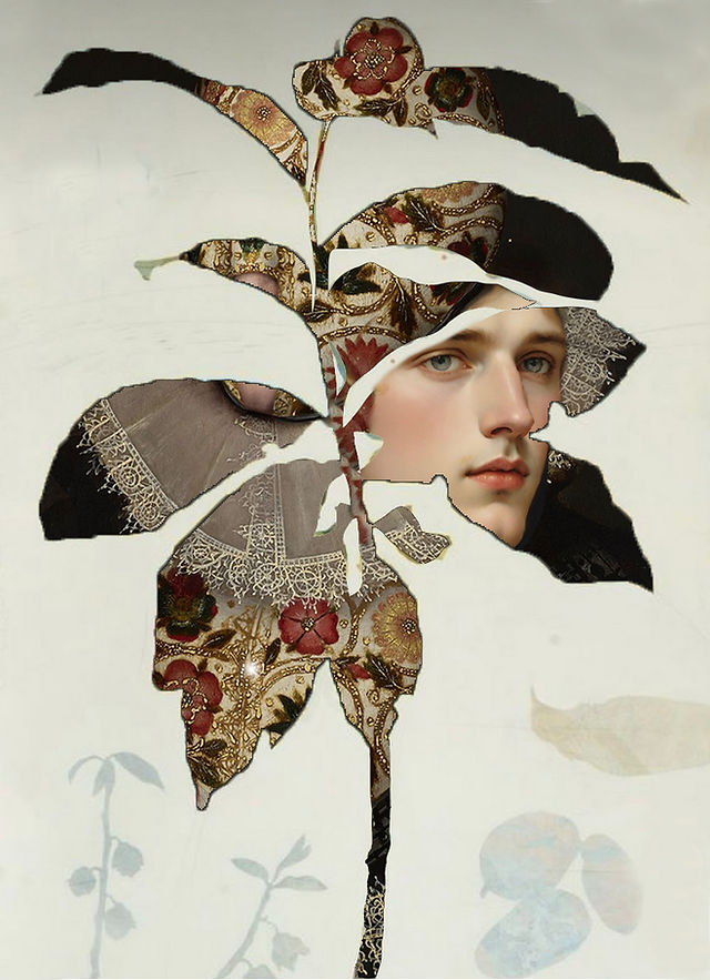 A man and a woman emerge in bloom, like spring itself awakening through form and feeling. Set against a richly layered textured background, they embody peace, calm, and quiet renewal. Hints of red, gold, and black create a striking contrast—symbols of passion, light, and depth—bringing balance and elegance to the composition.
