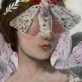 A delicate, ethereal portrait where whispers of memory and metamorphosis drape her figure, flowers transform her presence, and touches of gold illuminate a quiet, timeless grace.