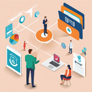 Businesspeople in a virtual workspace interacting with digital elements like charts and documents. Vibrant and futuristic setting.