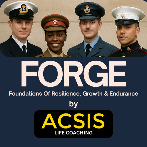 Four people in military uniforms smile against a neutral background. Text: FORGE - Foundations Of Resilience, Growth & Endurance by ACSIS Life Coaching.