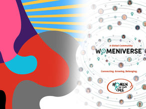 Colorful Womeniverse poster with women avatars orbiting on white, text reads A Global Community, Connecting. Growing. Belonging.