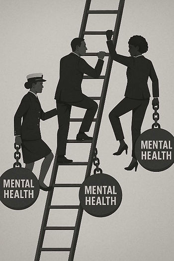 Three silhouetted figures climb a ladder, each carrying a “Mental Health” weight. The scene is monochromatic, symbolizing struggle.