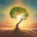 A lush tree with glowing branches stands on sandy dunes at sunset, sunlight radiating behind, creating a serene and magical atmosphere.