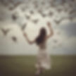 A woman in a white dress reaches towards swarming birds in a cloudy sky above a grassy field, evoking a sense of freedom and wonder.