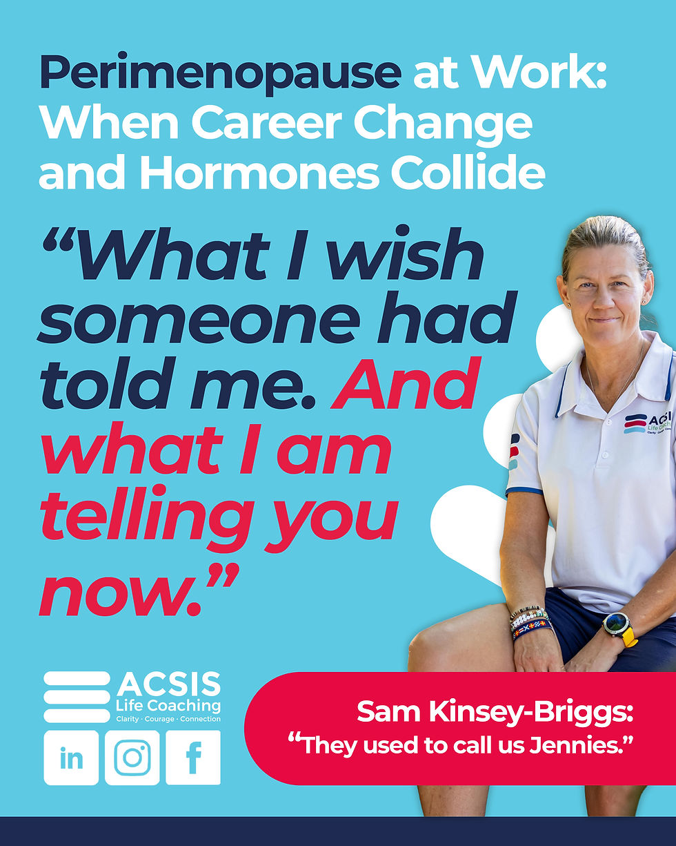 Perimenopause at Work poster with woman in white polo; quote says wishing someone had told her, and ACSIS Life Coaching logo.