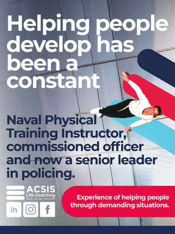 Lloyd Allen during Naval Physical Training with text highlighting his experience as an instructor, commissioned officer and senior policing leader.