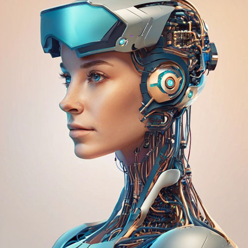 Cyborg woman with futuristic visor and exposed circuitry, set against a neutral background, exuding a calm, tech-advanced vibe.