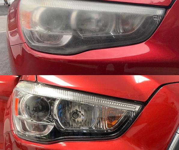 Red car headlight restoration: before and after