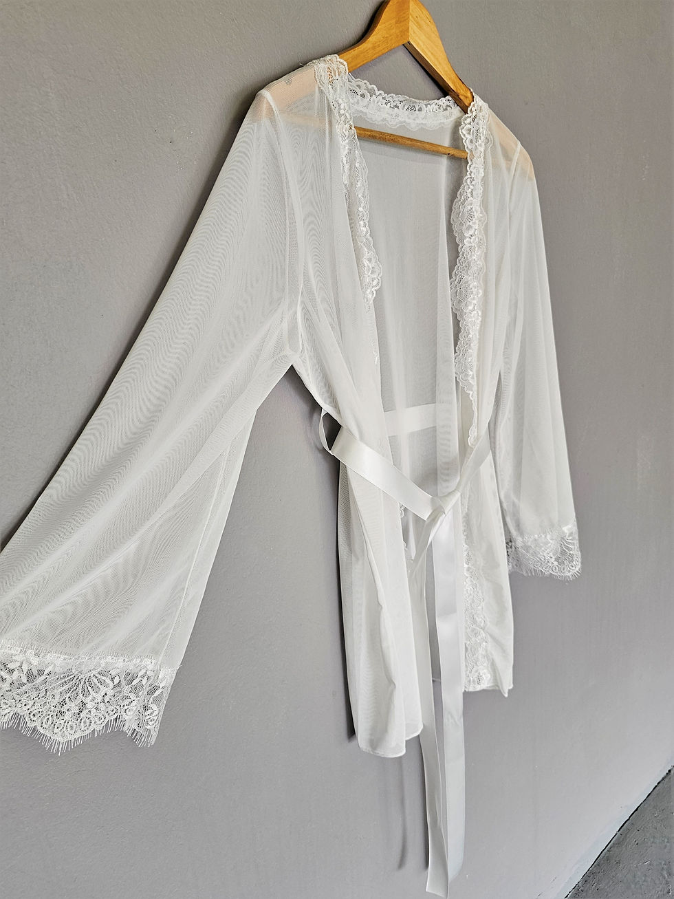 Thumbnail: R6: Sheer long sleeve bridal robe with lace trim