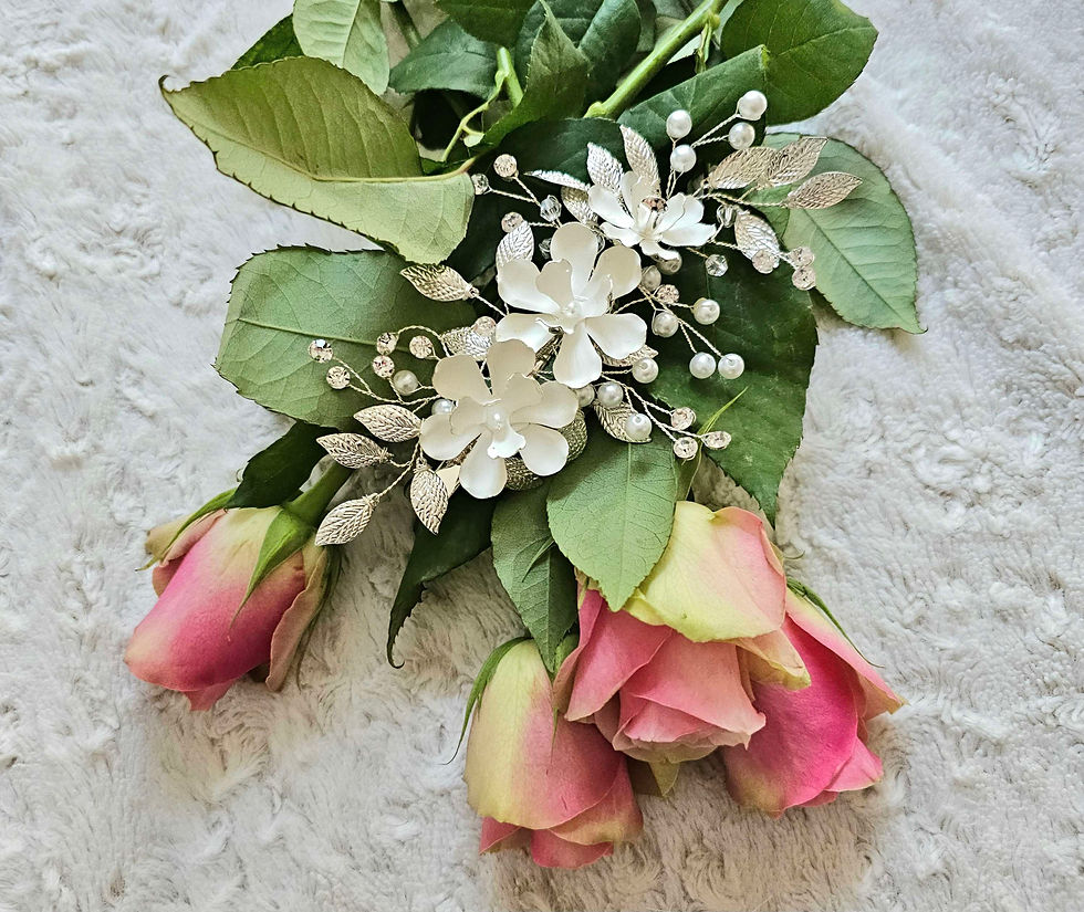 Thumbnail: H14: White floral hair clip with silver leaf detail