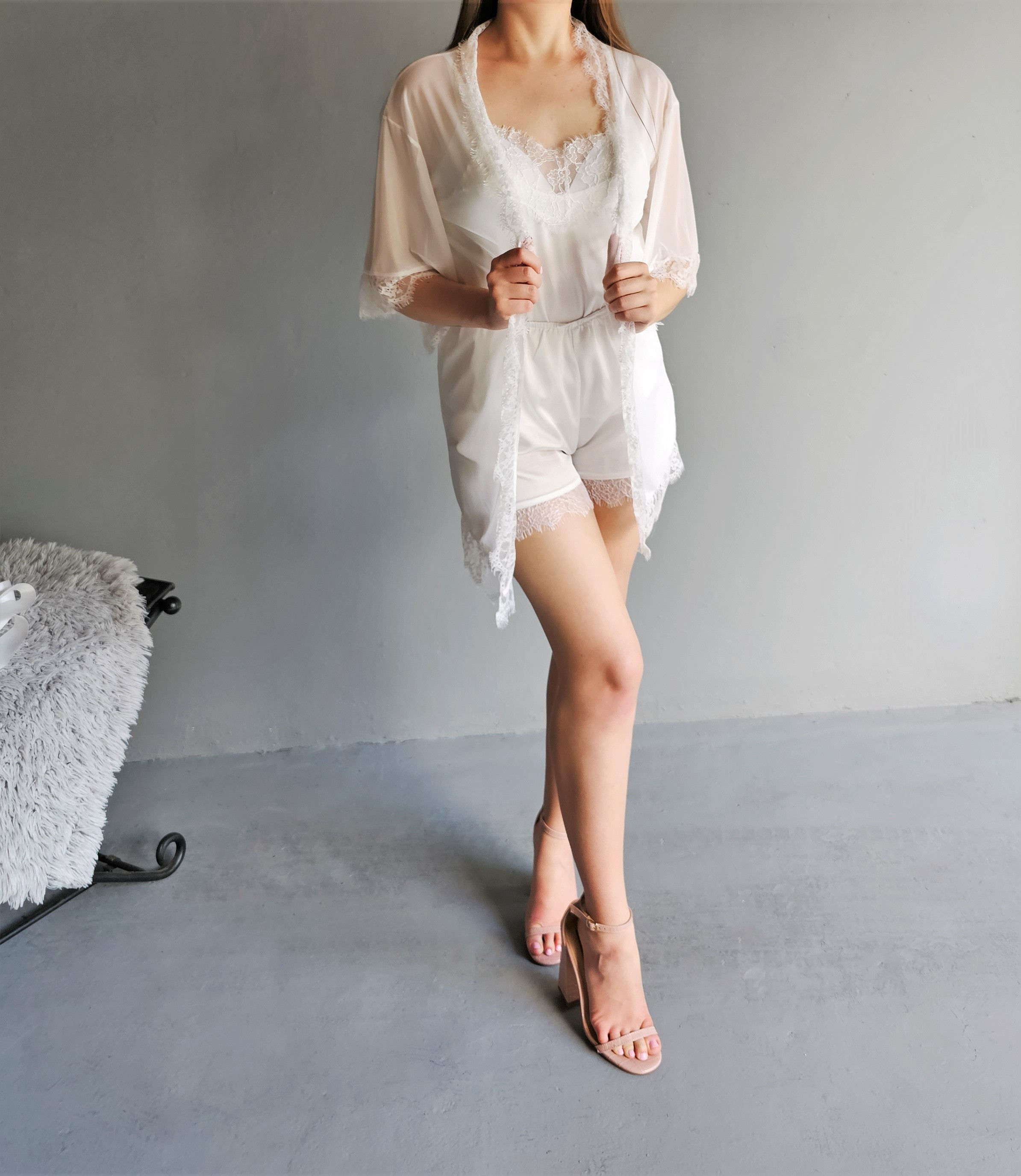 R3: Sheer bridal robe with lace trim