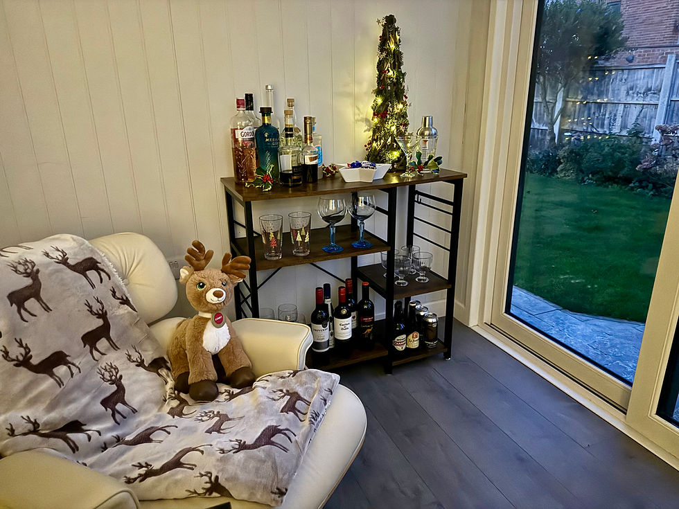 Cosy Garden Rooms Christmas Interior a comfy chair with a christmas throw and a self with small christmas tree and a range of drinks and treats