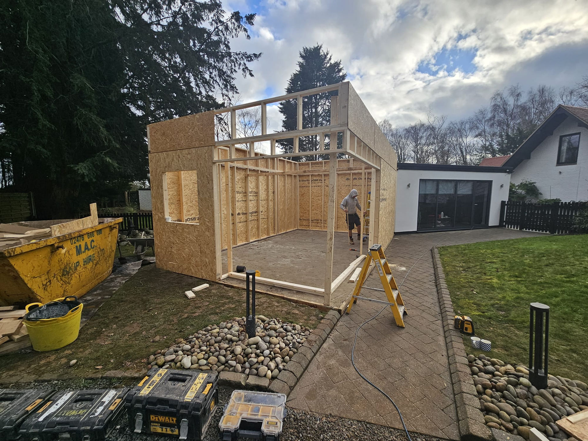 Garden room in construction, concrete base, timber frame. Building will be a golf simulator on completion by Cosy Garden Rooms
