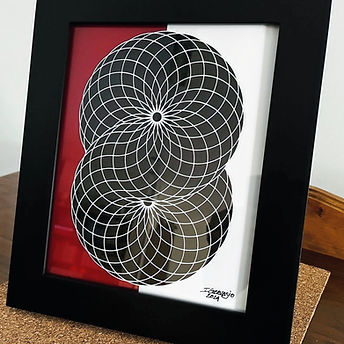 "Love Vortex", geometric abstract artwork with three interlocking black circular grids on deep red and white background