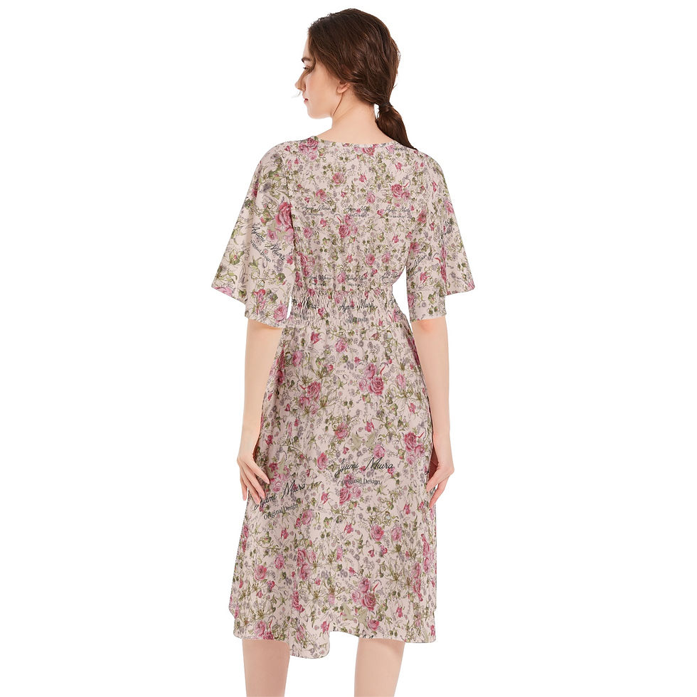 サムネイル： Butterfly Sleeve Shirred High Waist A Line Midi Dress