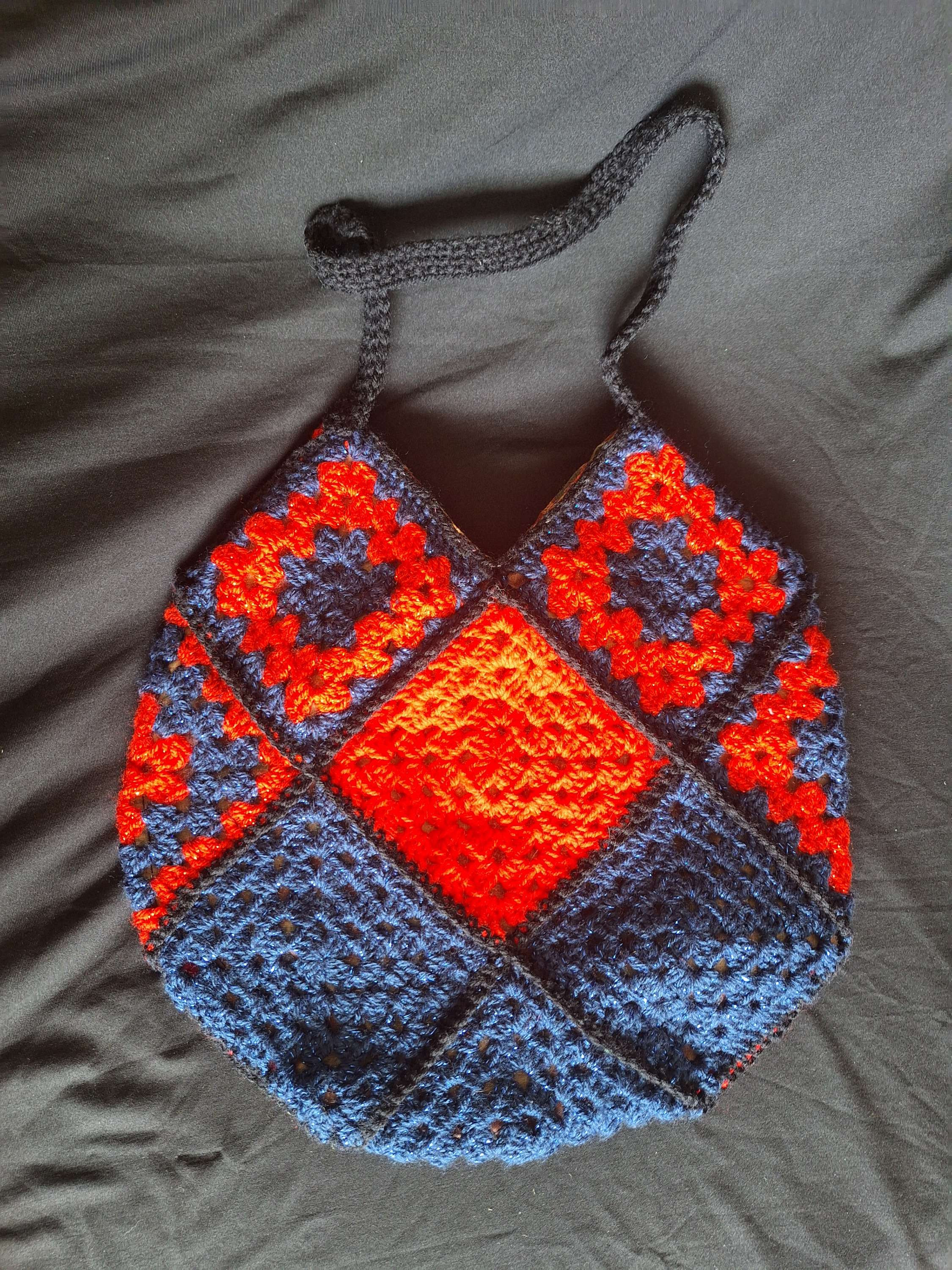 Red and blue granny square bag, linned with vintage fabric