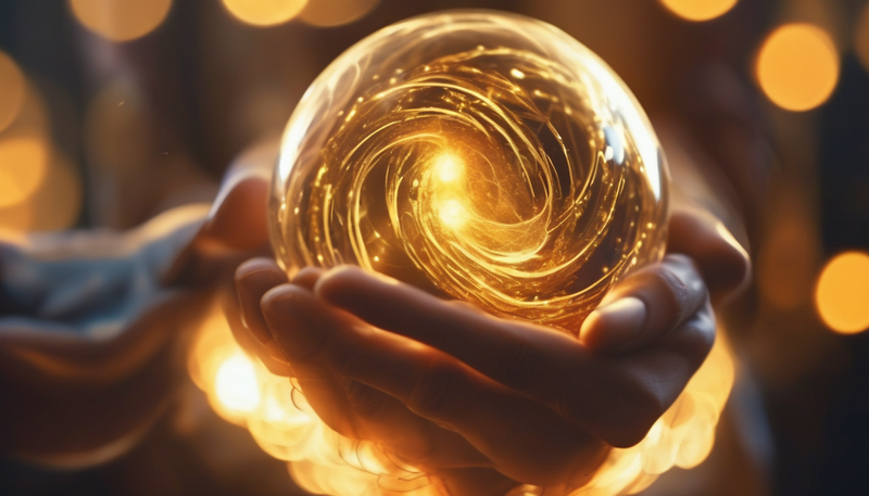 golden glow under hands in the foreground holding a ball of swirling golden light