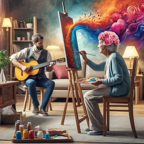 DALL·E 2024-04-27 16.43.09 - An image conveying the therapeutic use of music and painting 