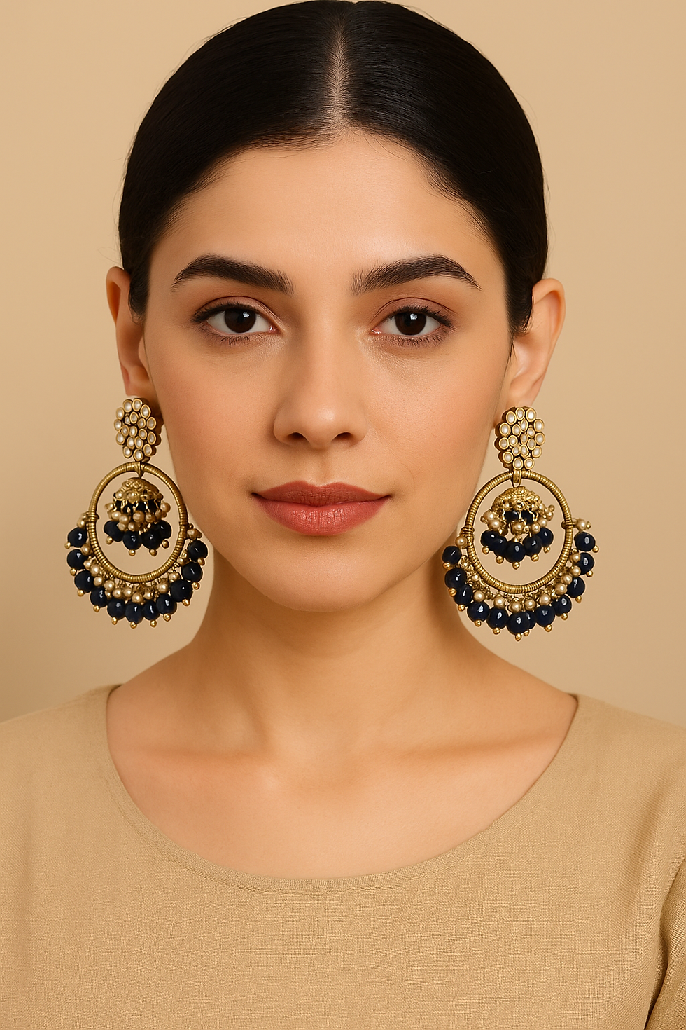 Thumbnail: Elegant Beaded Antique Gold Chandbali Earrings