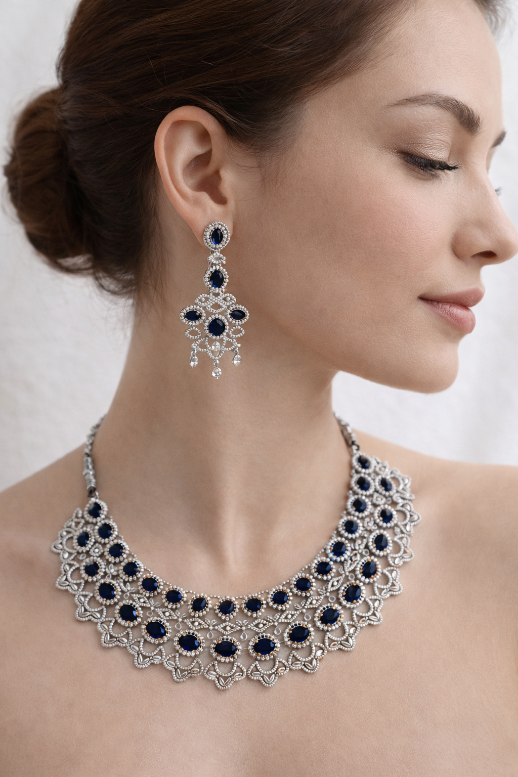 Premium Silver Look Blue Stone Necklace Set