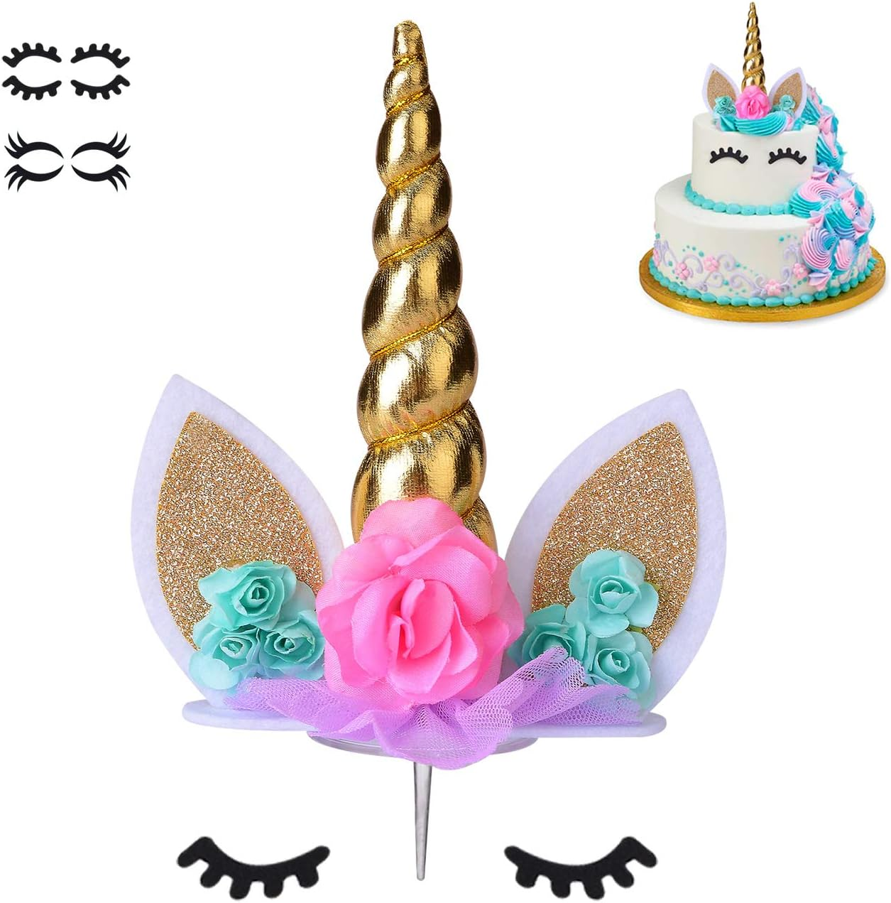 Unicorn Cake Topper,Handmade Party Cake Decoration Supplies, Reusable Gold Horn 