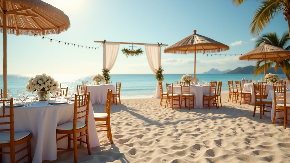 Eye-level view of a beach party setup with decor