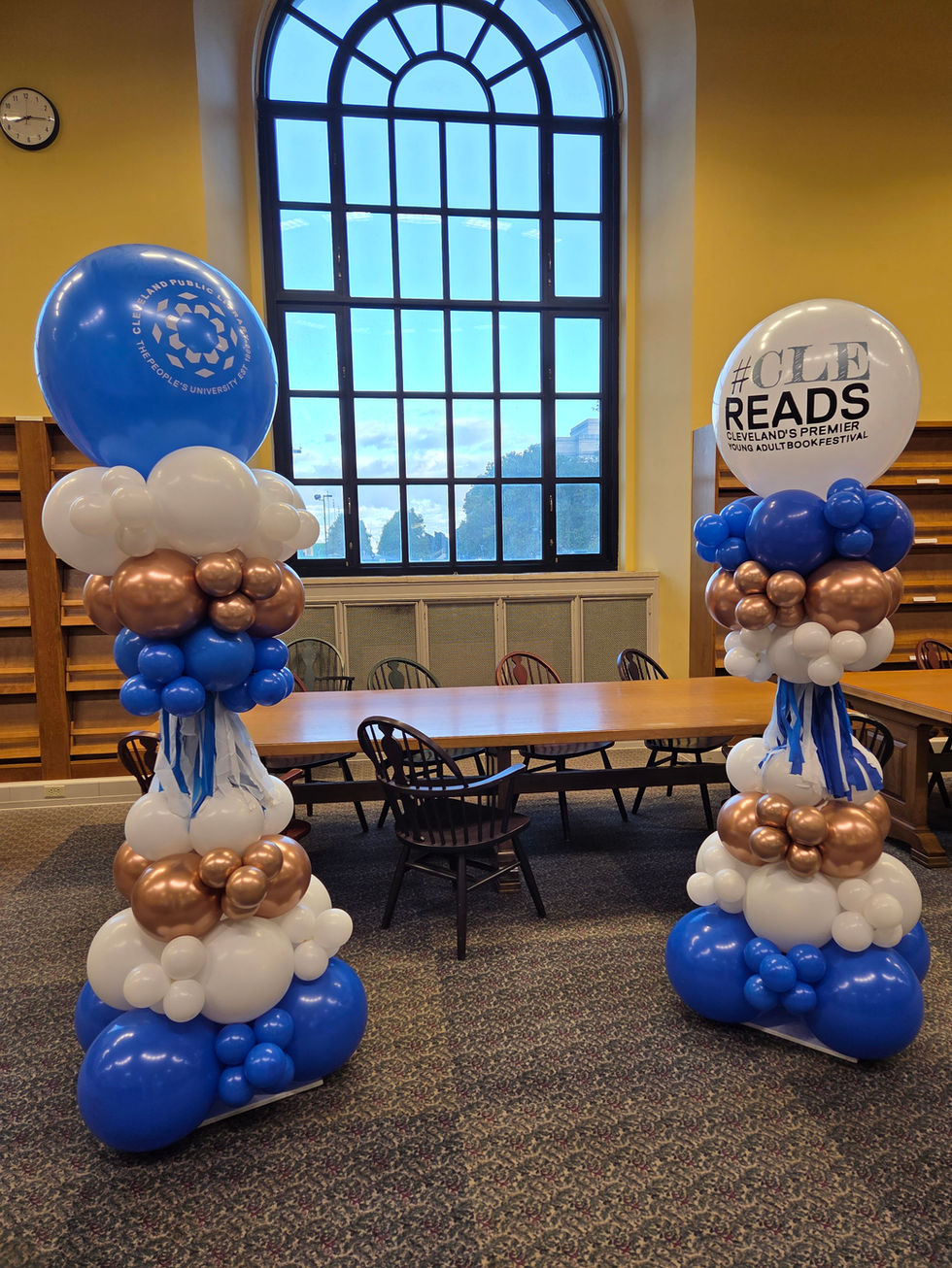 blue white gold balloon column with fringe