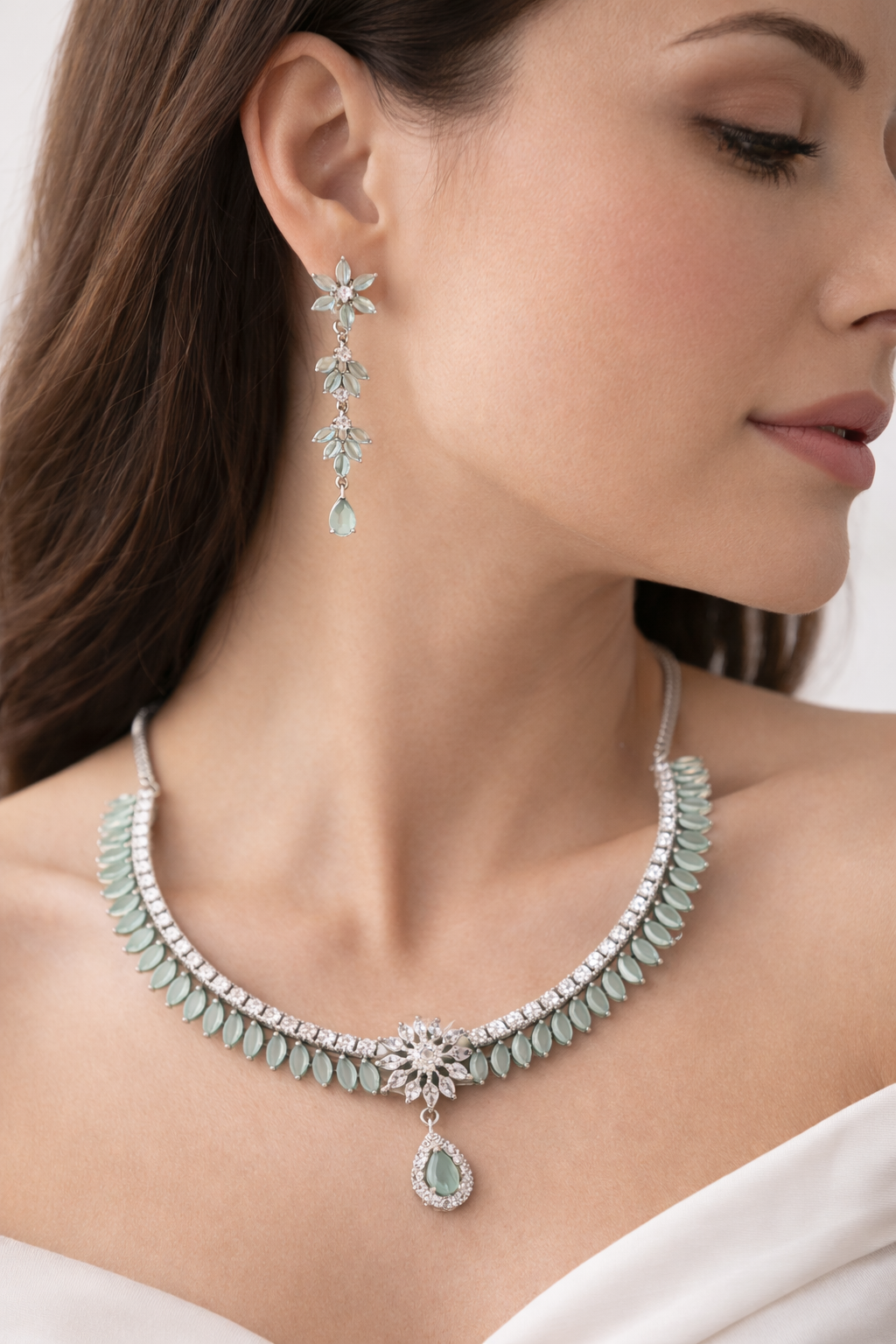 Elegant  Mint Green Ad Necklace & Earring Set