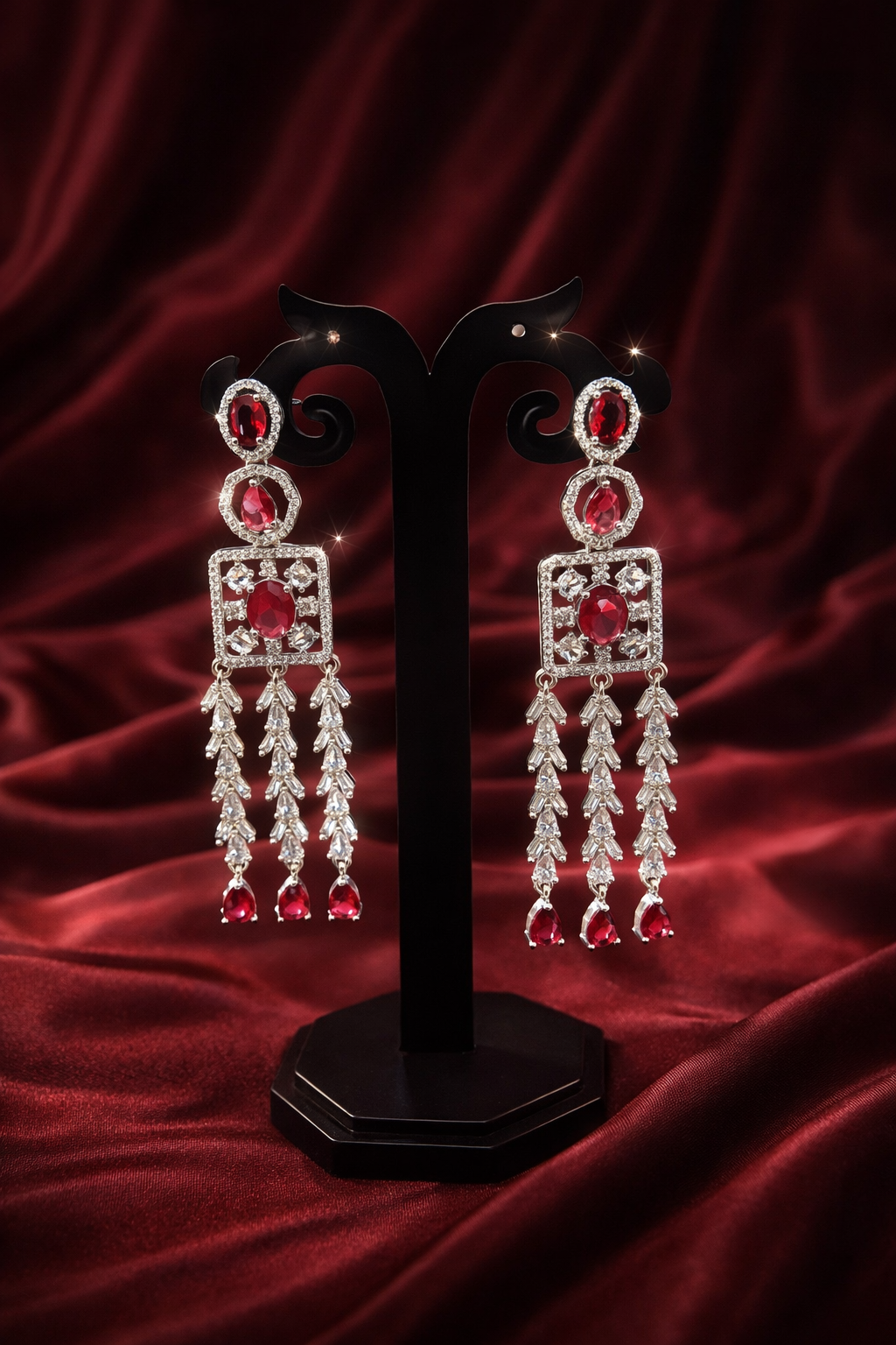 Premium Ruby Diamond Square Cascade Earrings