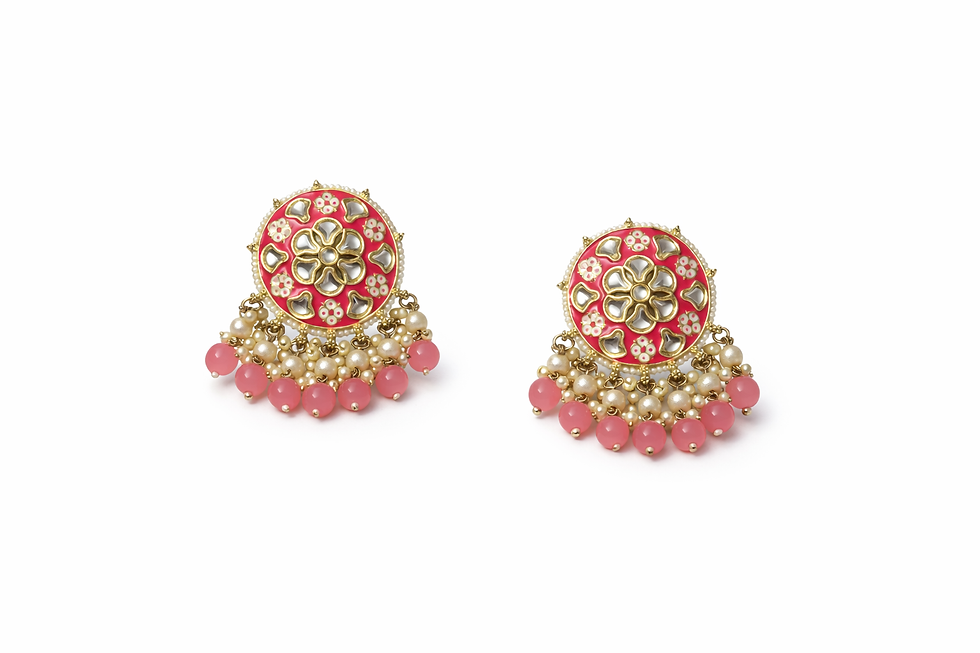 Thumbnail: Floral Kundan Drop Earrings with Pearl & Bead Tassels