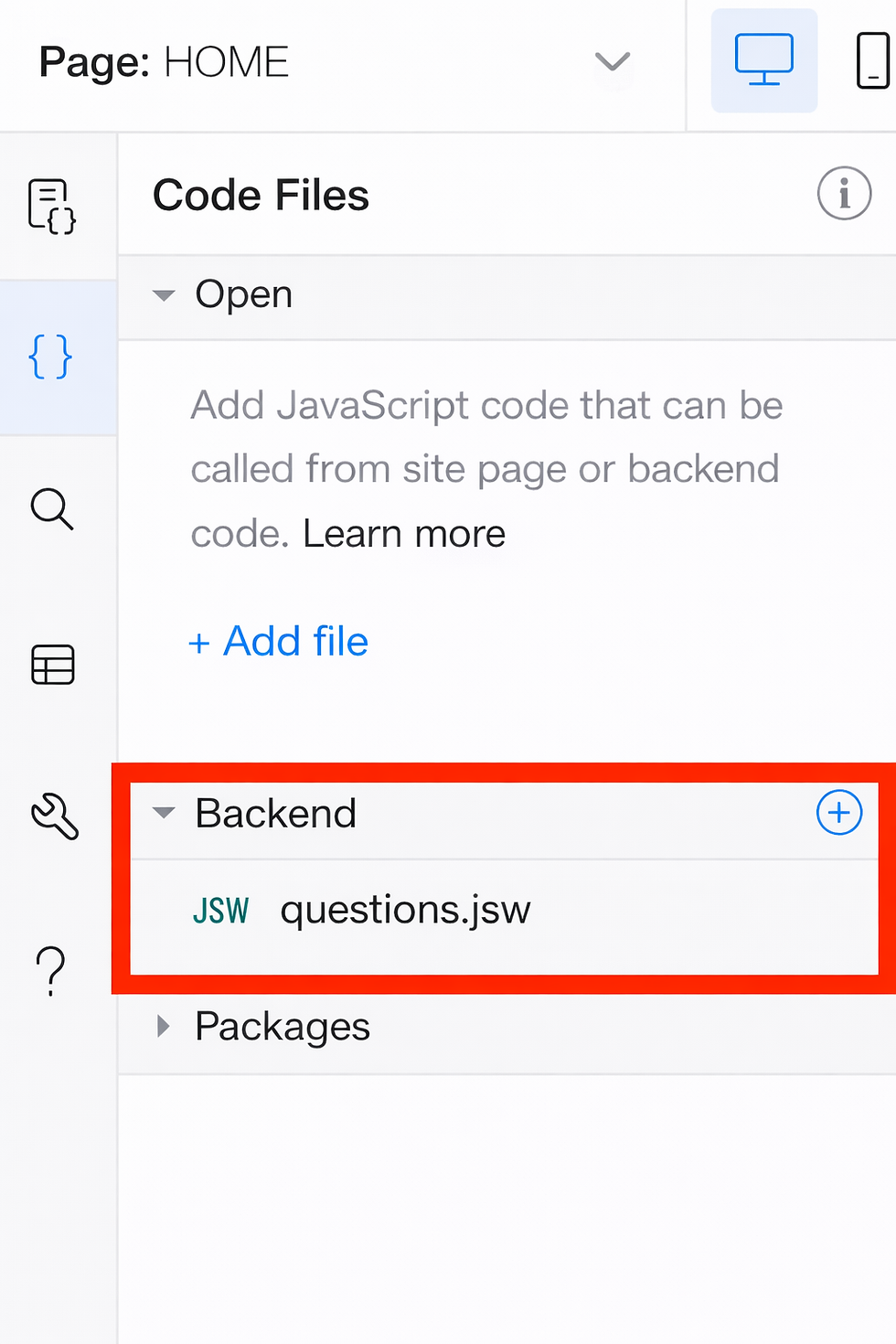 backend questions.jsw file in Velo by Wix code panel