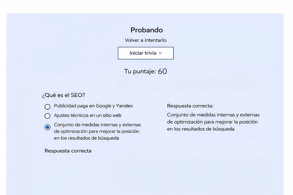 Wix quiz results page showing score and correct answers